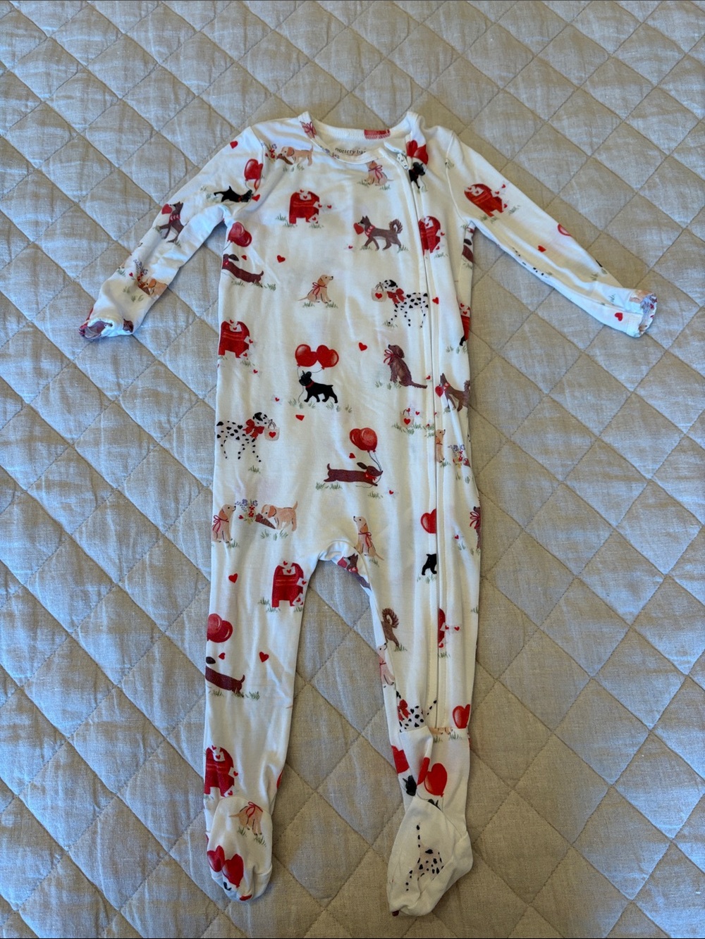Pottery Barn Kids Cream Footed One-Piece with Red Heart & Dog Motif